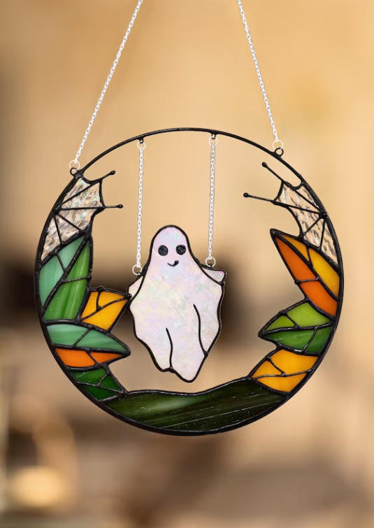 

Halloween Suncatcher Funny Ghost Hanging Ornament in Multicolor. Size