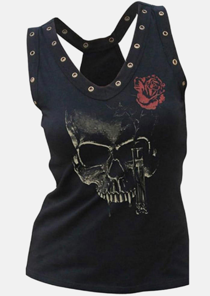 

Tank Tops Halloween Rose Skull Eyelet Tank Top in Black. Size: L,M,,XL