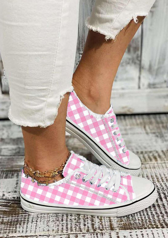 

Sneakers Plaid Lace Up Round Toe Flat Sneakers in Pink. Size