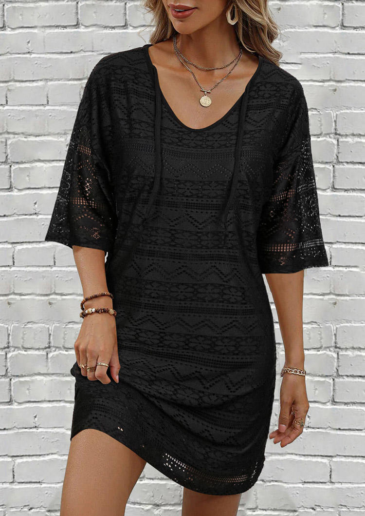 Lace Up Half Sleeve V-Neck Hollow Out Crochet Mini Dress