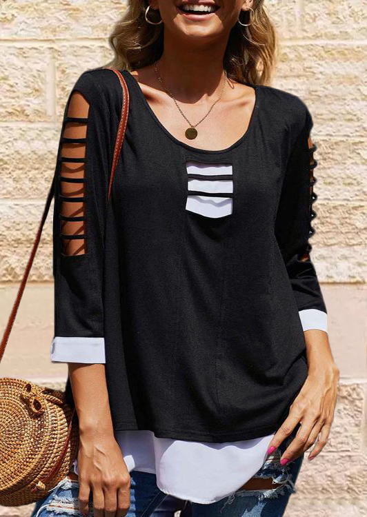 Color Block Hollow Out Cut Out Fake Two-Piece Blouse - Black
