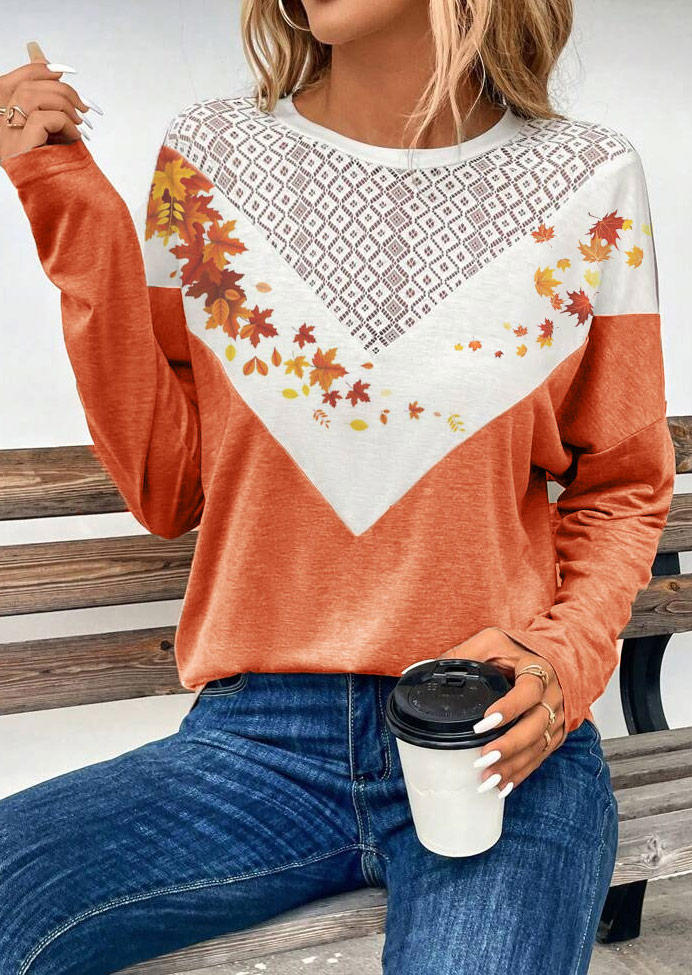Maple Leaf Lace Splicing O-Neck Blouse - Orange