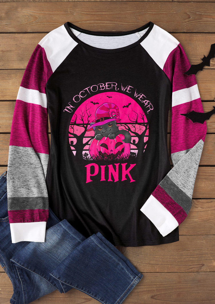

T-shirts Tees Halloween In October We Wear Pink Color Block T-Shirt Tee in Black. Size