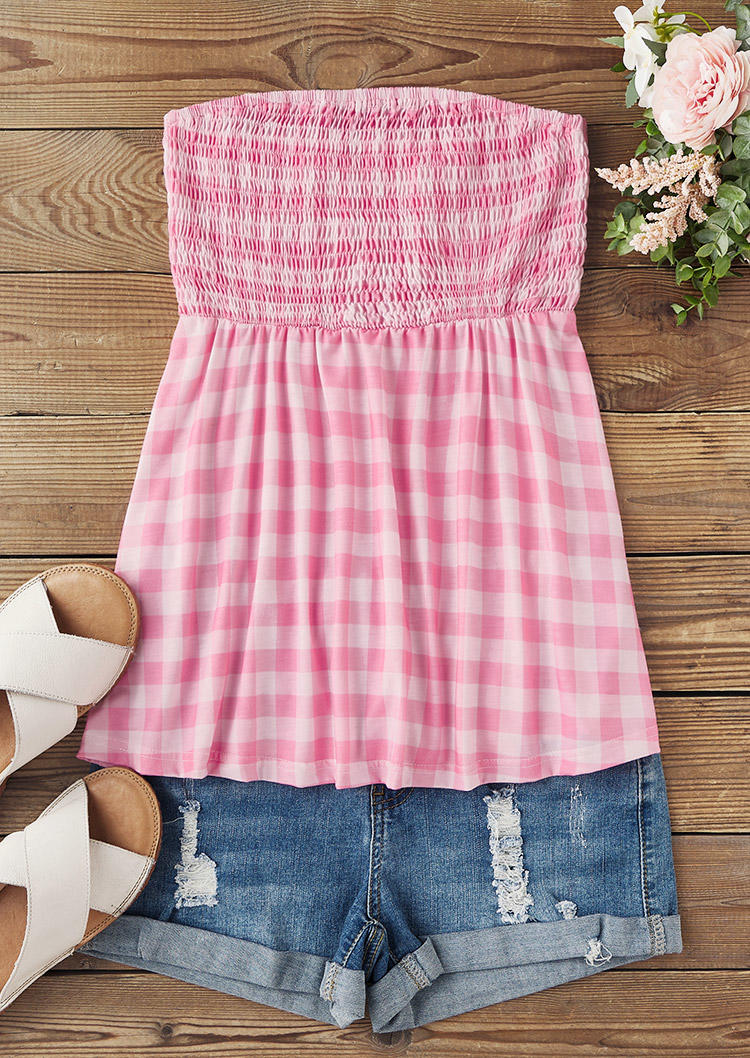 

Tank Tops Plaid Smocked Strapless Bandeau Tank Top in Pink. Size: L,M,,XL
