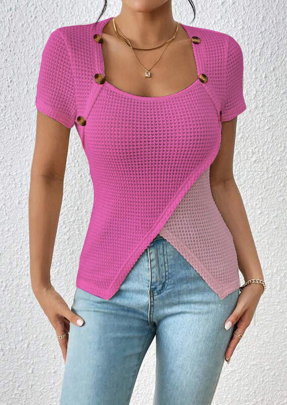 

Blouses Color Block Waffle Button Wrap Blouse in Multicolor. Size: L,M,,XL