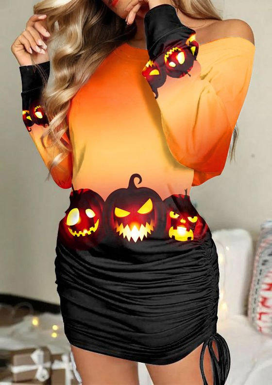 Halloween Gradient Pumpkin Face Drawstring Long Sleeve Bodycon Dress