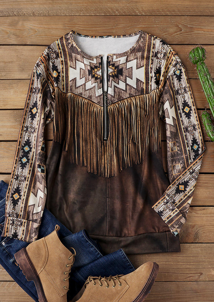 

Sweatshirts Aztec Geometric Fake Tassel Zipper Sweatshirt in Brown. Size