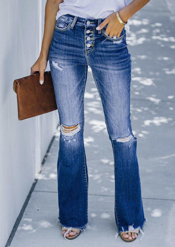 Button Pocket Ripped Denim Pants - Blue