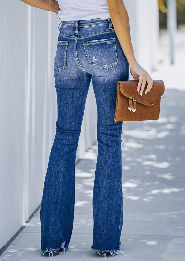 

Pants Button Pocket Ripped Denim Pants in Blue. Size
