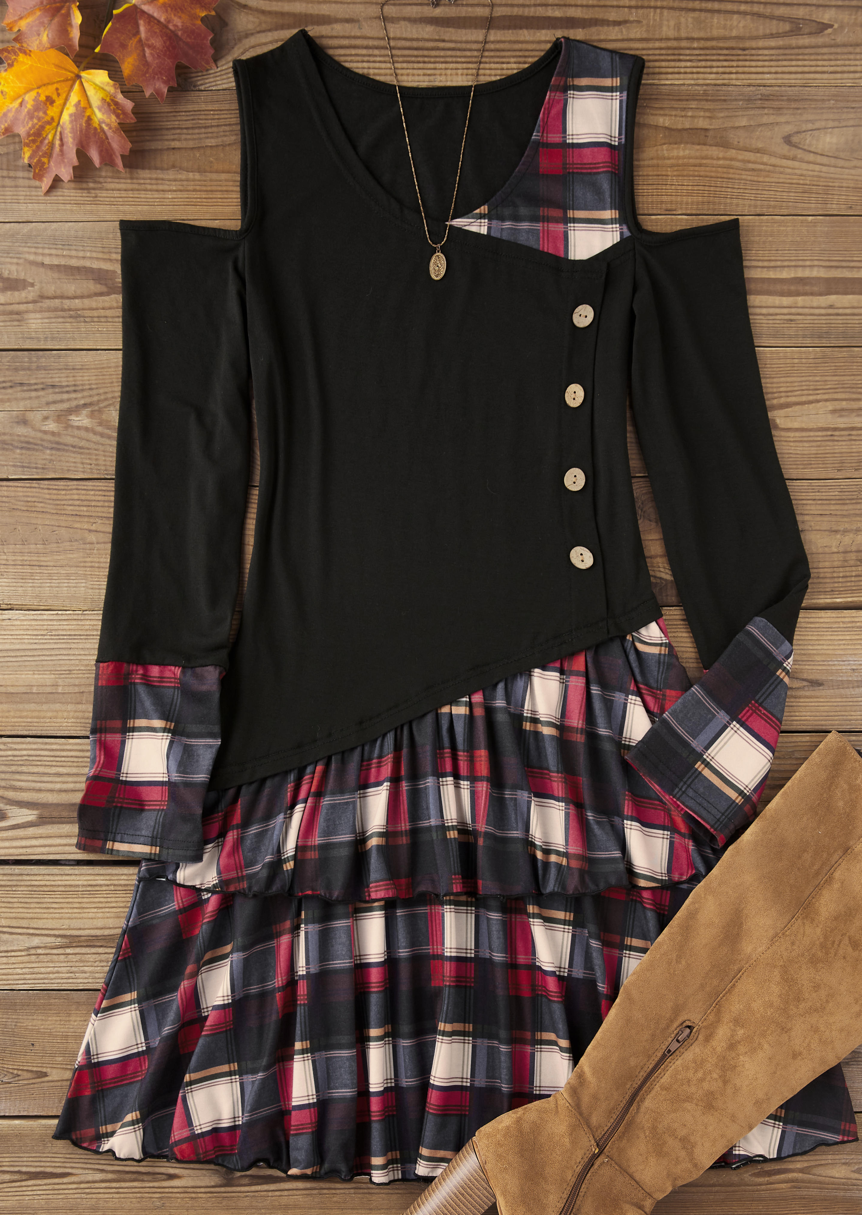 

Mini Dresses Plaid Button Ruffled Cold Shoulder Mini Dress in Black. Size: L,M,,XL