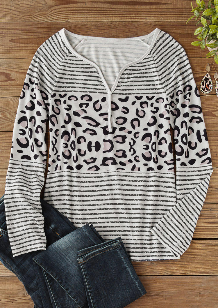 

Blouses Leopard Striped Button Notched Neck Blouse in Multicolor. Size: M,,XL
