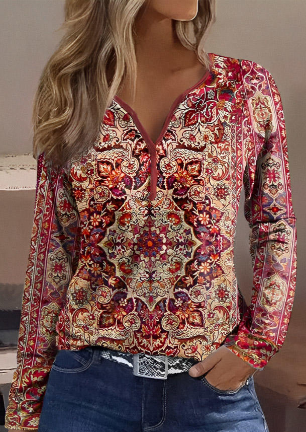 Ditsy Floral Loose Retro Notched Neck Blouse