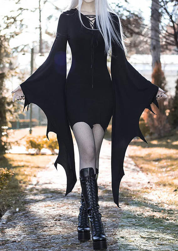 FAIRY SEASON Halloween Lace Up Batwing Sleeve Bodycon Dress - Black