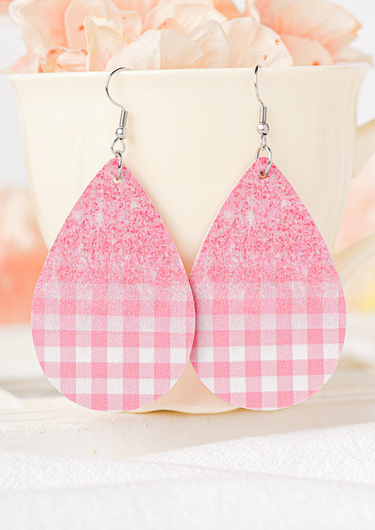 

Earrings Gradient Glitter Plaid Water Drop Earrings in Pink. Size