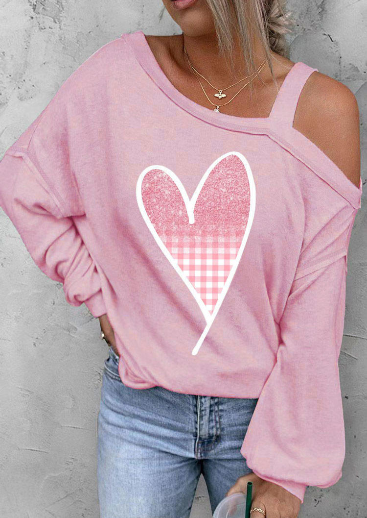 Heart Plaid One Sided Cold Shoulder Blouse - Pink