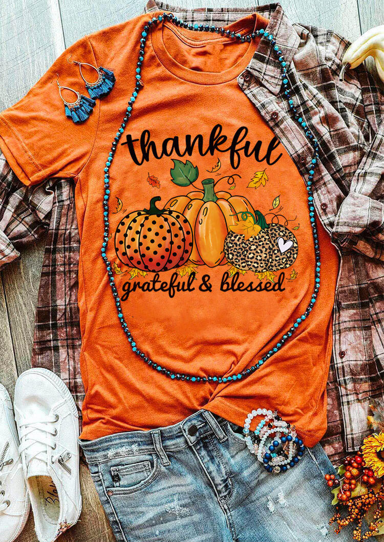 

T-shirts Tees Thankful Grateful & Blessed Leopard Pumpkin T-Shirt Tee in Orange. Size: L,M,,XL