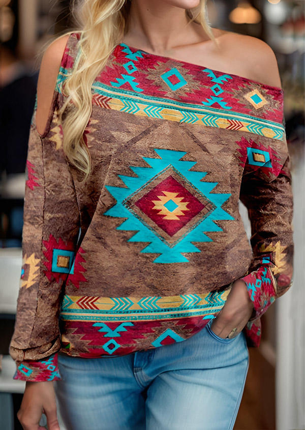 

Blouses Aztec Geometric Western Cold Shoulder Blouse in Multicolor. Size: L,M,,XL