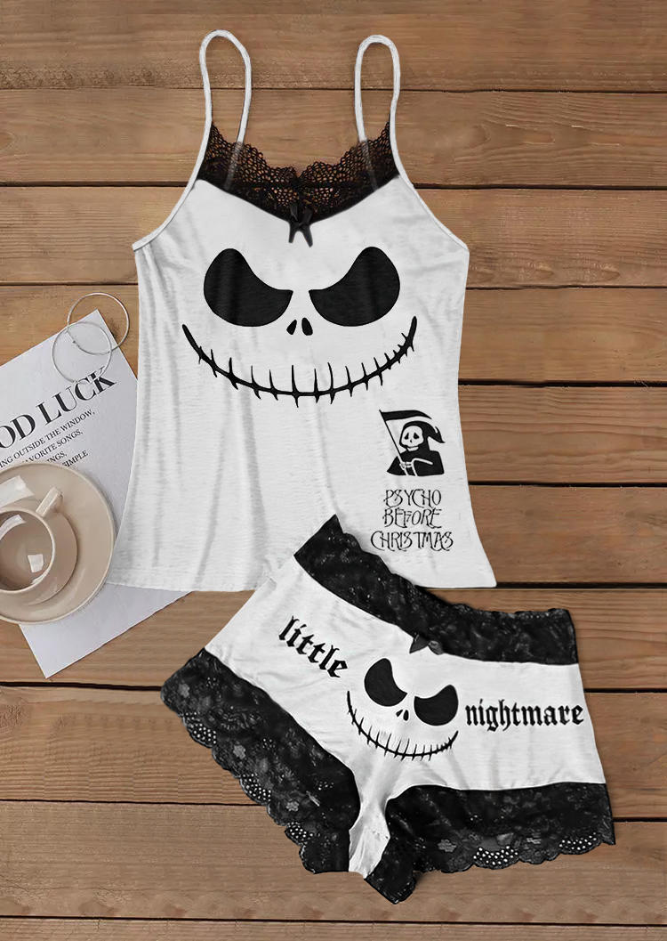

Sleepwear Halloween Little Nightmare Lace Splicing Camisole And Shorts Pajamas Set in White. Size: L,M,,XL