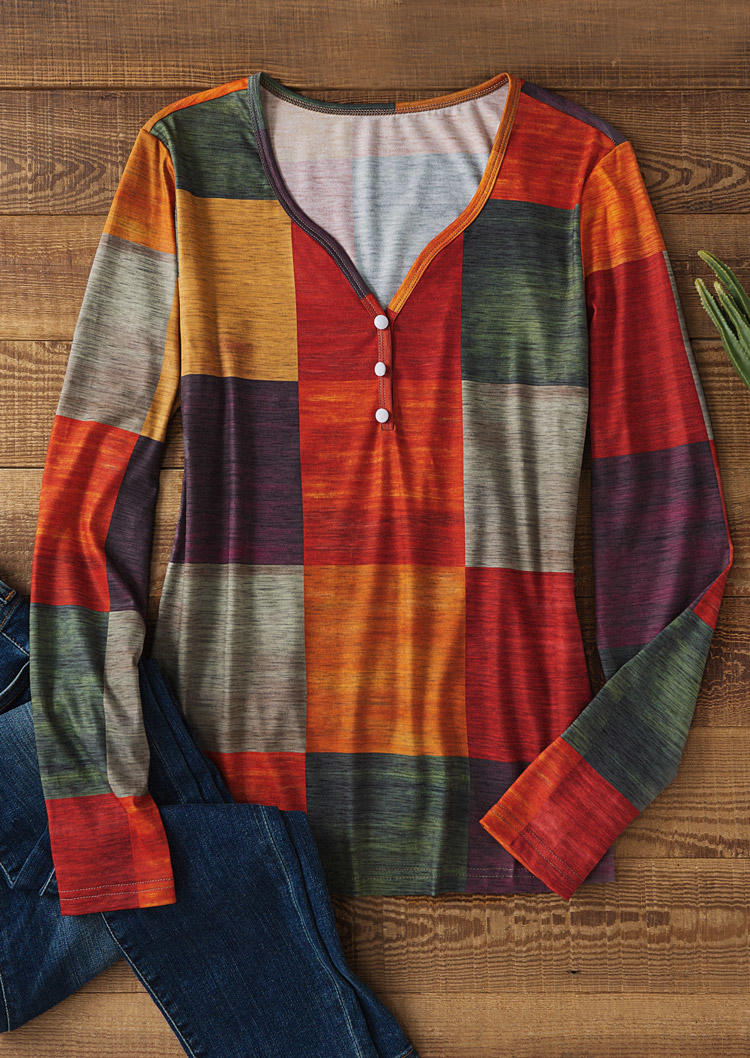 

Blouses Colorful Plaid Button Notched Neck Long Sleeve Blouse in Multicolor. Size: M