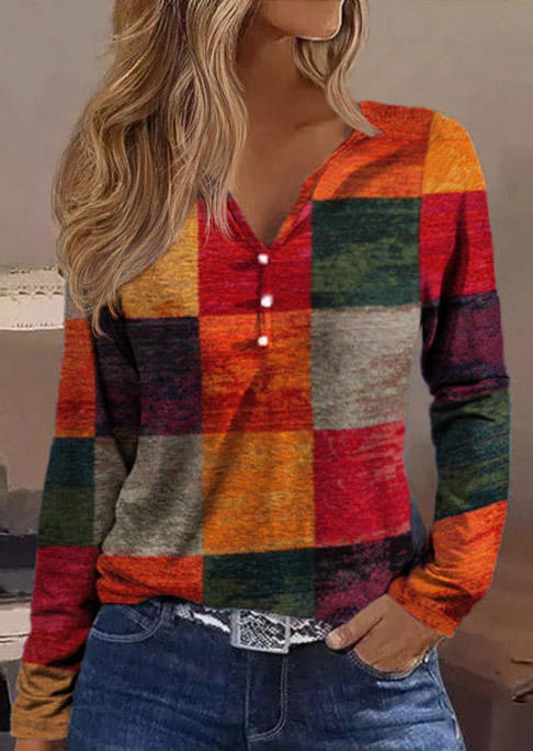 Colorful Plaid Button Notched Neck Long Sleeve Blouse