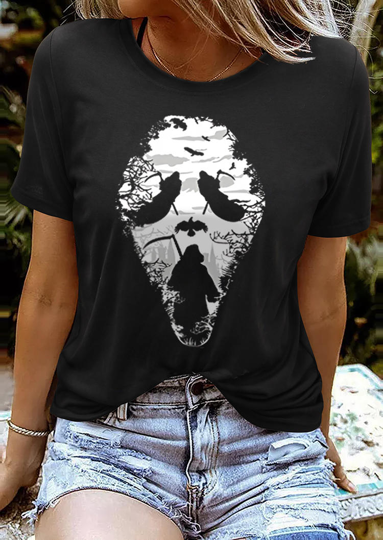 

T-shirts Tees Halloween Ghost Face Witch O-Neck T-Shirt Tee in Black. Size: L