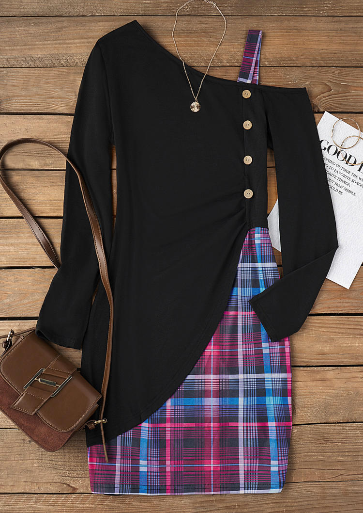 

Bodycon Dresses Plaid Button One Sided Cold Shoulder Bodycon Dress in Multicolor. Size: L,M,,XL