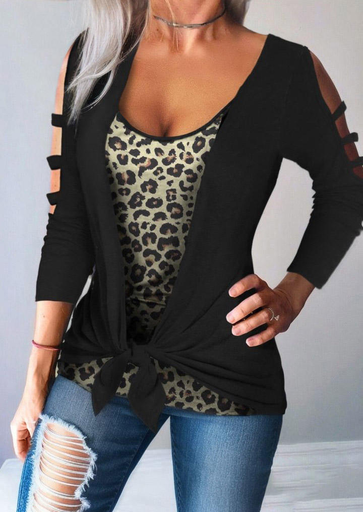 

Blouses Leopard Cut Out Fake Two-Piece Blouse in Black. Size: L,M,,XL