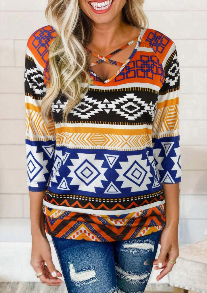 

Blouses Aztec Geometric Criss-Cross Long Sleeve Blouse in Multicolor. Size: L,M,,XL