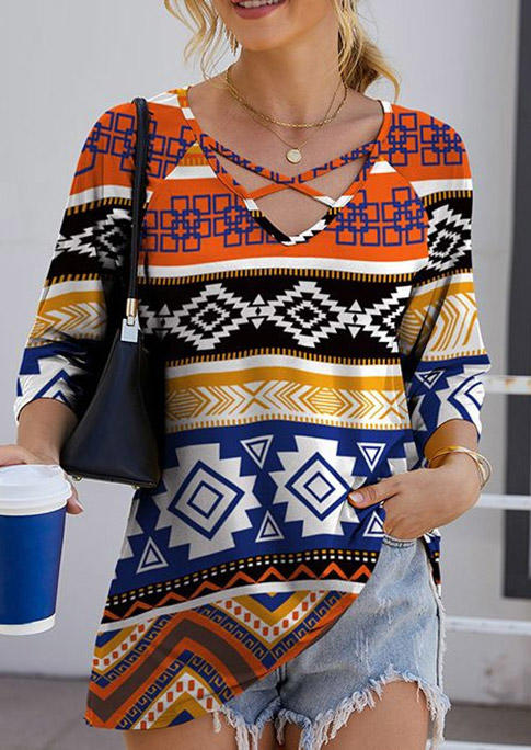 Aztec Geometric Criss-Cross Long Sleeve Blouse