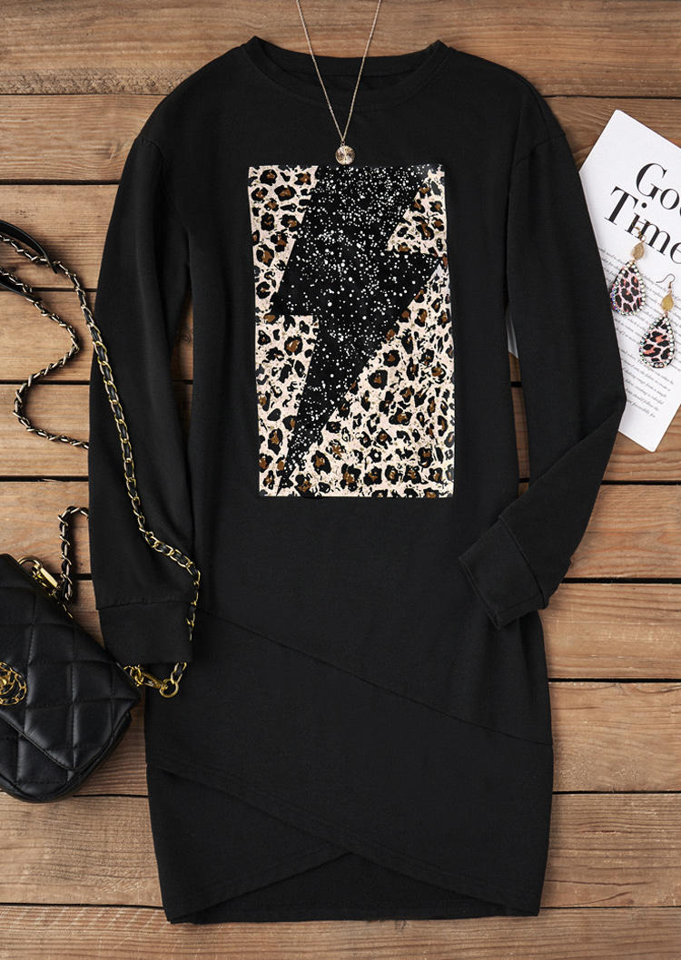 Sweatshirt Dresses Leopard Lightning Wrap Irregular Hem Sweatshirt Dress in Black. Size: L,M,,XL