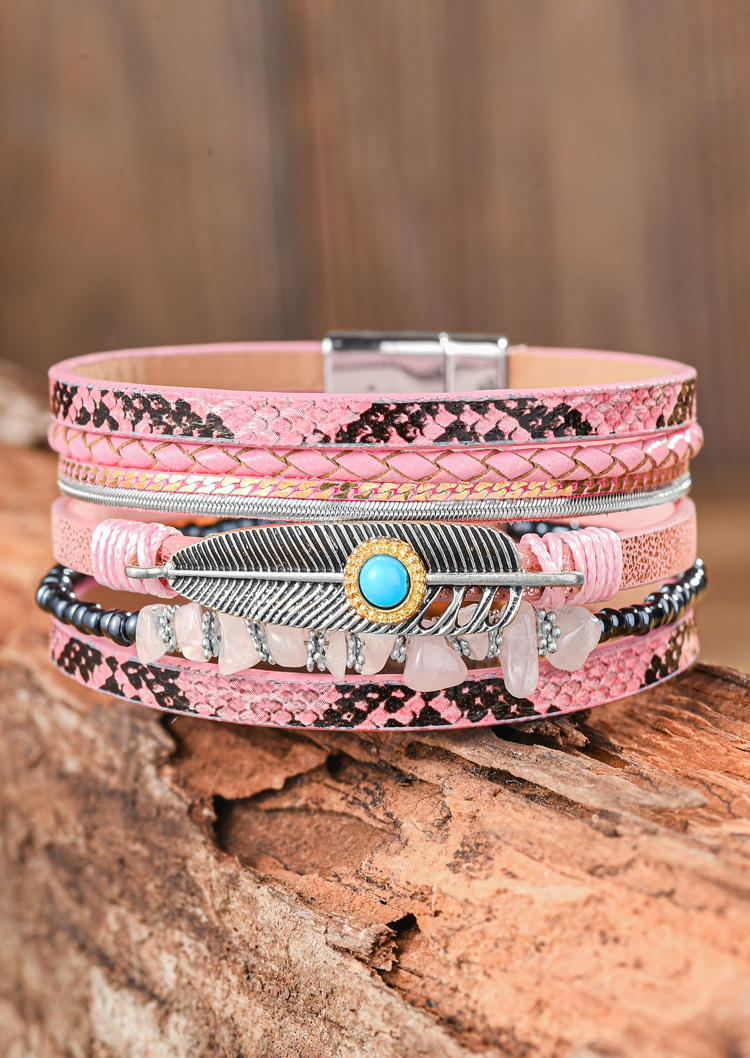 Bracelet Feather Turquoise Magnetic Buckle Bracelet in Pink. Size