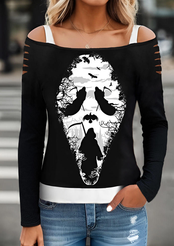 

Blouses Halloween Ghost Face Witch Cold Shoulder Fake Two-Piece Blouse in Black. Size: L,M,,XL