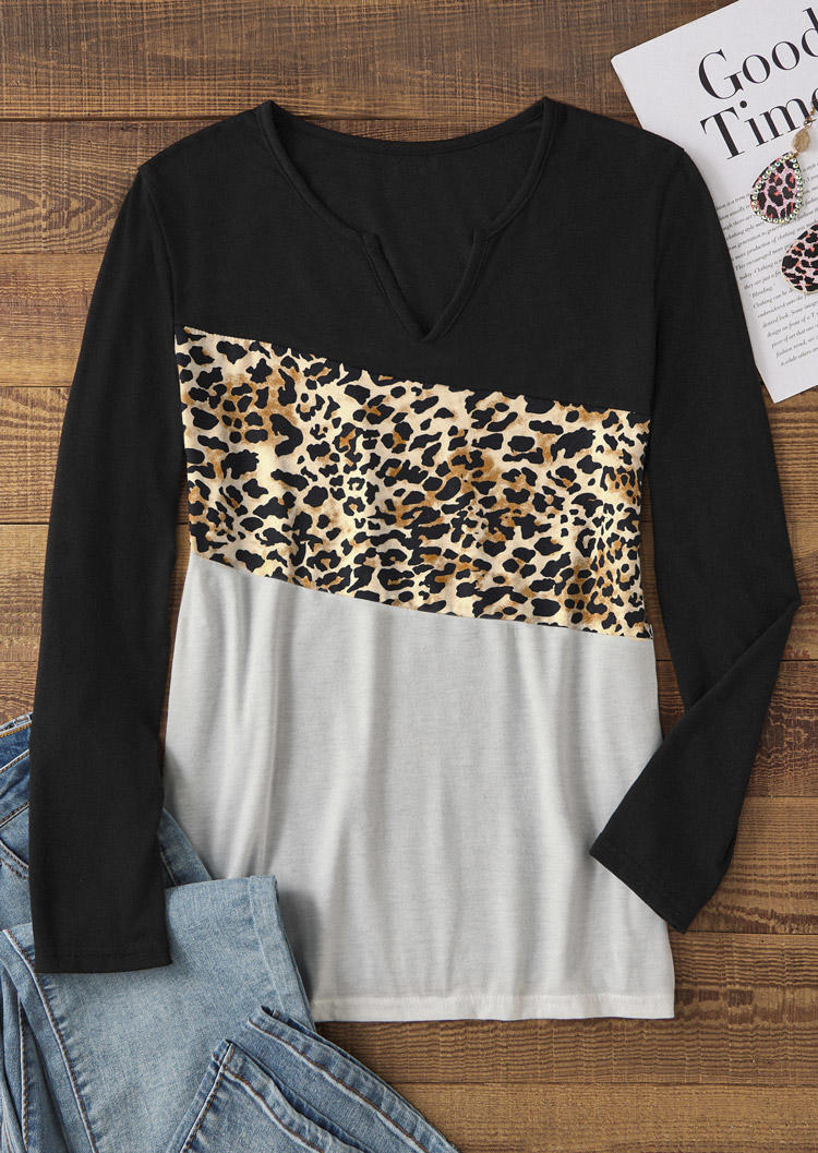 

Blouses Color Block Leopard Long Sleeve Blouse in Multicolor. Size