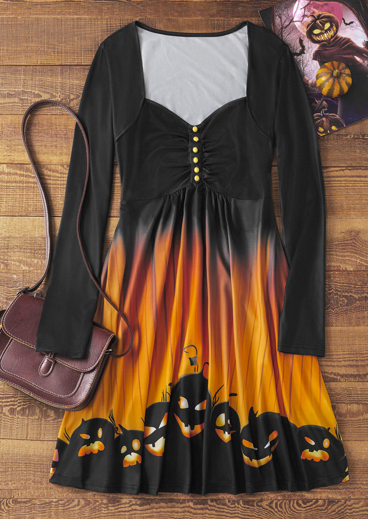 

Mini Dresses Halloween Pumpkin Face Gradient Button Long Sleeve Mini Dress in Multicolor. Size: L,M,,XL