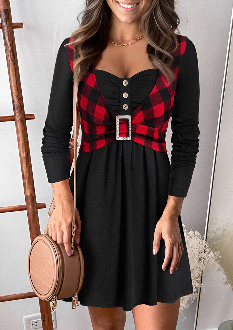 Fake Two-Piece Plaid Button Ruffle A- Line Mini Dress
