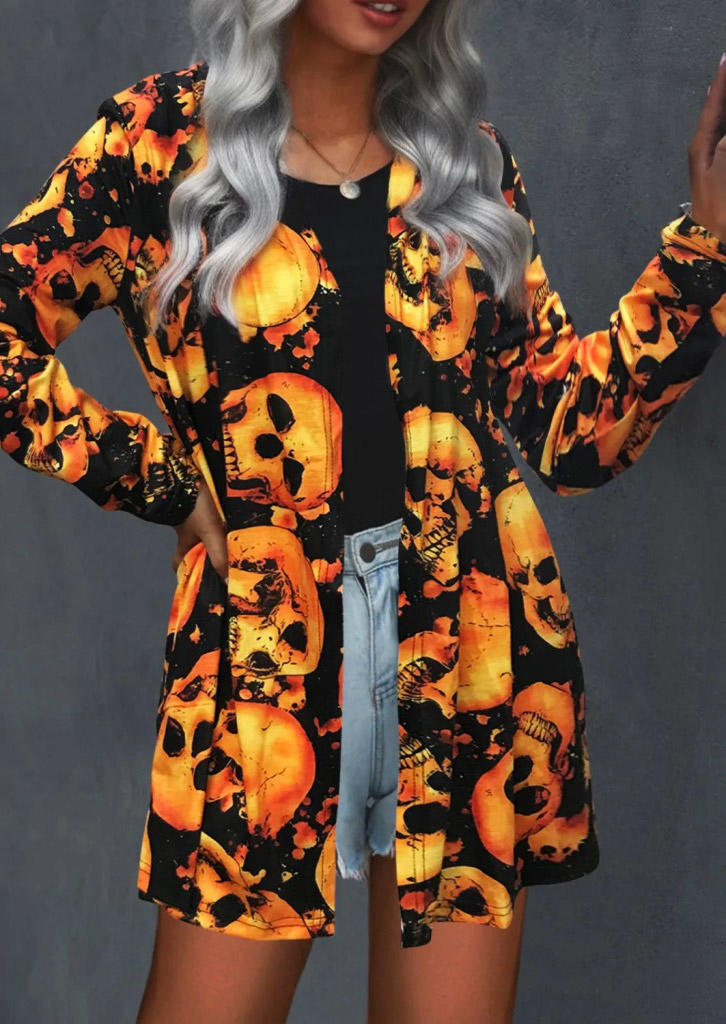 

Cardigans Halloween Skull Long Sleeve Open Front Cardigan in Multicolor. Size: L,M,,XL