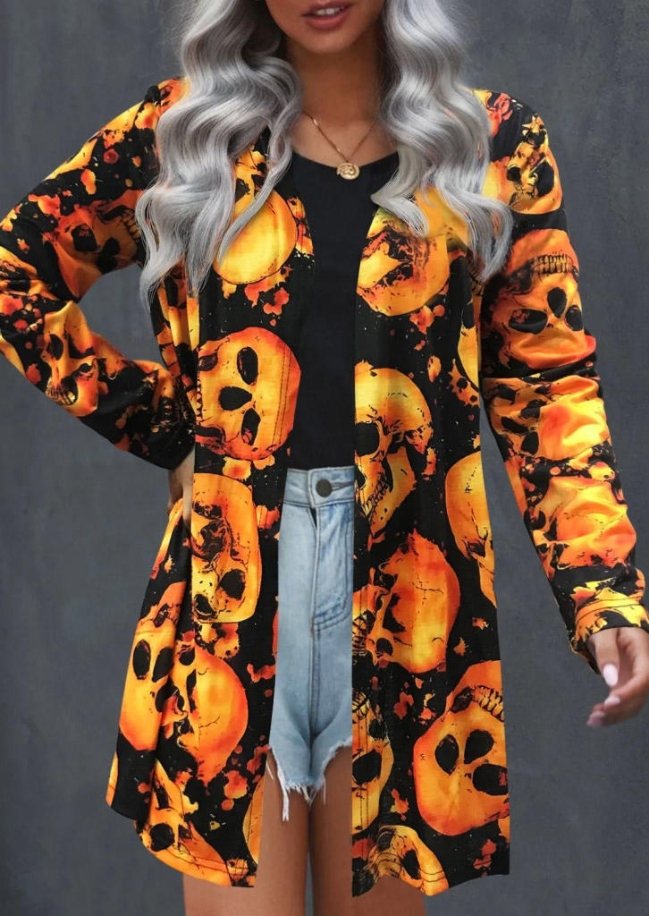 Halloween Skull Long Sleeve Open Front Cardigan