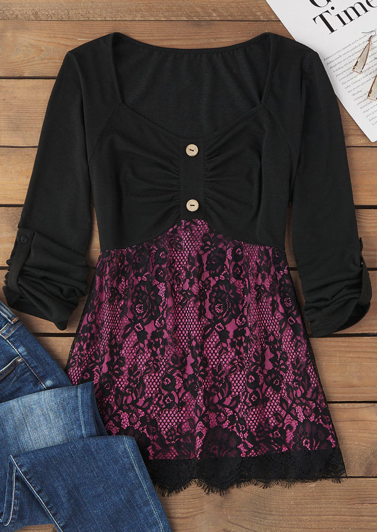

Blouses Lace Button Ruched Irregular Collar Blouse in Multicolor. Size: L,M,,XL