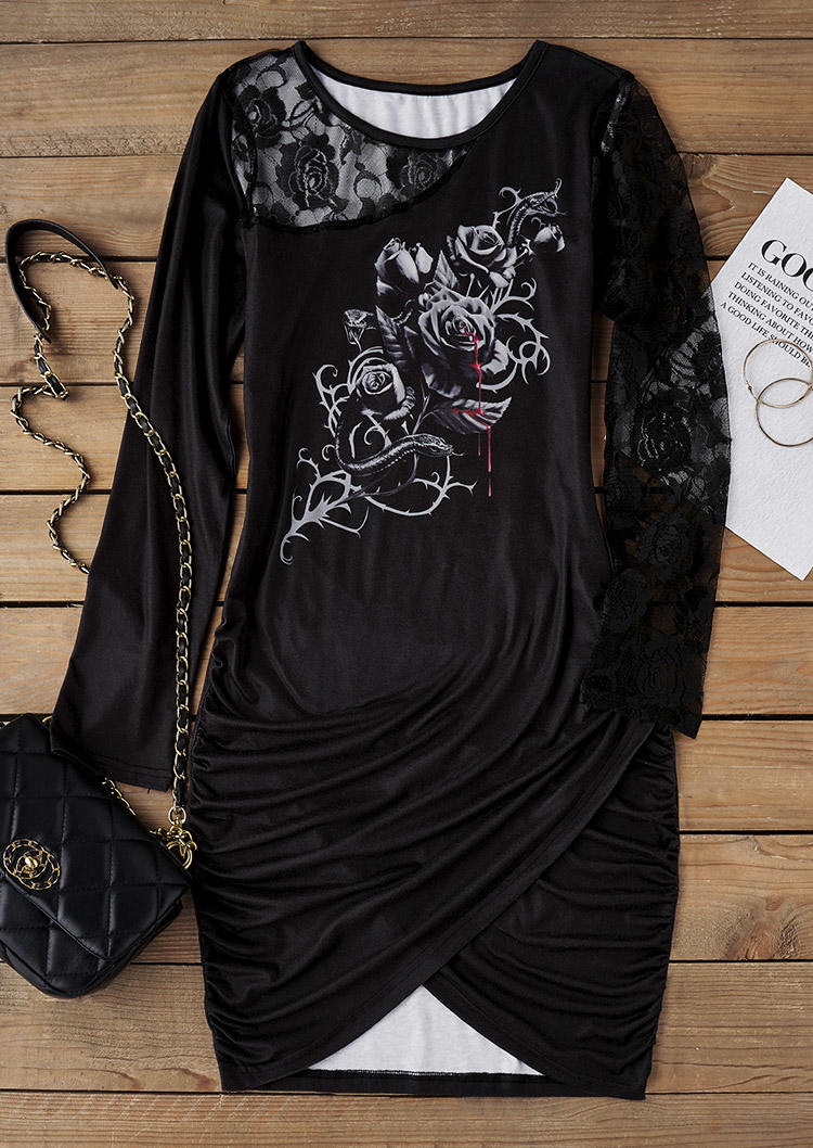 

Mini Dresses Rose Ruched Wrap Lace Splicing Mini Dress in Black. Size: L,M,,XL