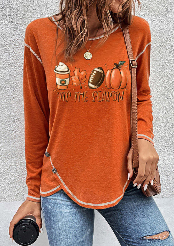 Tis The Season Pumpkin Soccer Maple Leaf Coffee T-Shirt Tee - Orange