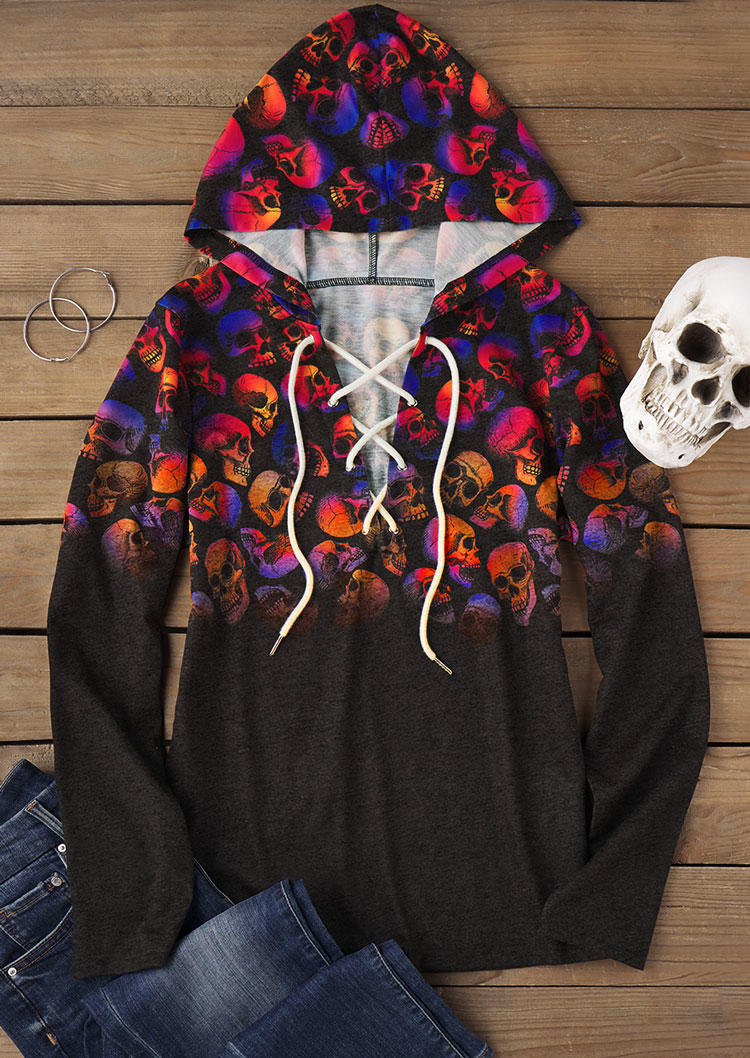 

Hoodies Halloween Skull Gradient Lace Up Hoodie in Multicolor. Size: L,M