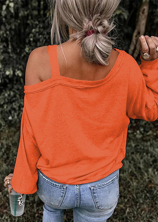 

Blouses Tis' The Season Maple Leaf Pumpkin One Sided Cold Shoulder Blouse in Orange. Size: L,M,,XL