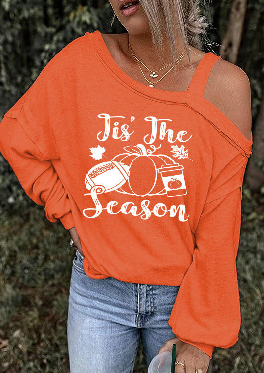 Tis' The Season Maple Leaf Pumpkin One Sided Cold Shoulder Blouse - Orange