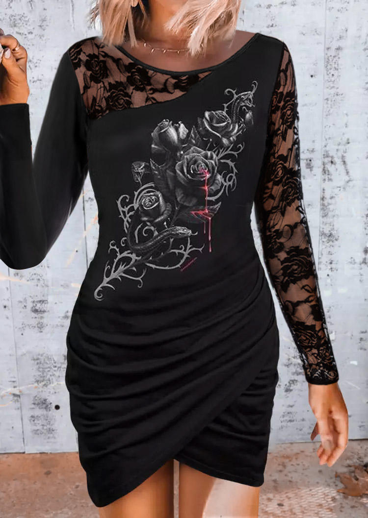 Rose Ruched Wrap Lace Splicing Mini Dress - Black
