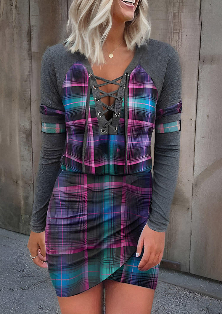 Plaid Gradient Lace Up Wrap Mini Dress