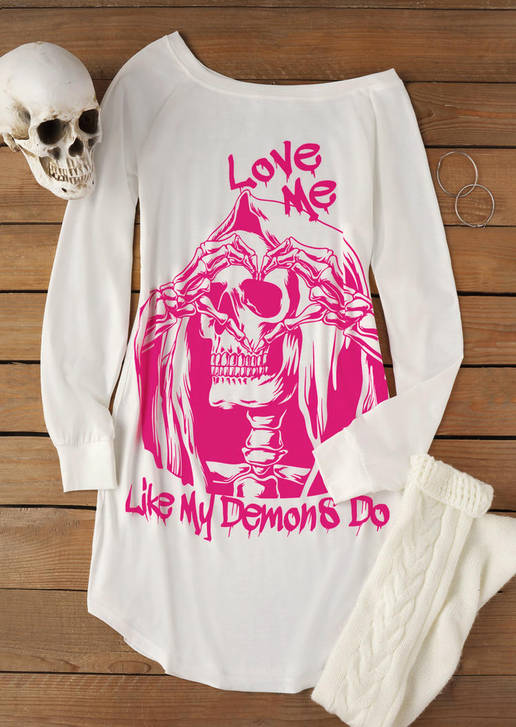 

Sweatshirt Dresses Halloween Skull Slash Collar Sweatshirt Dress in White. Size