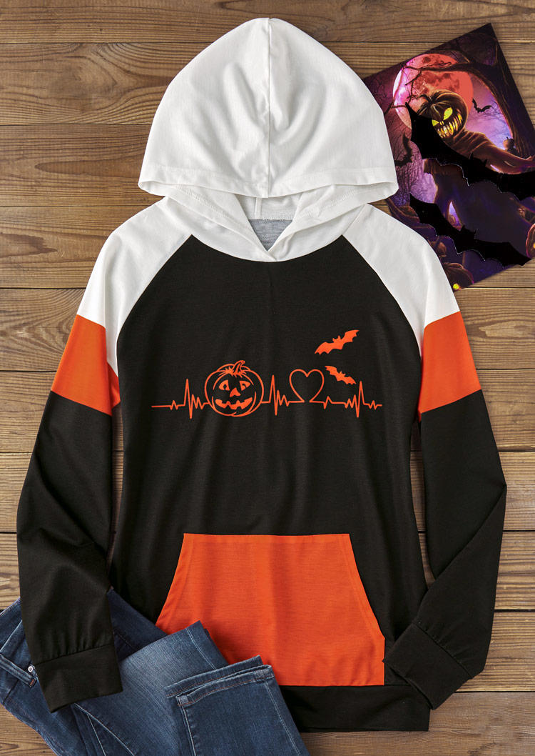 

Hoodies Halloween Color Block Pumpkin Face Bat Heartbeat Kangaroo Pocket Hoodie in Multicolor. Size: L,,XL