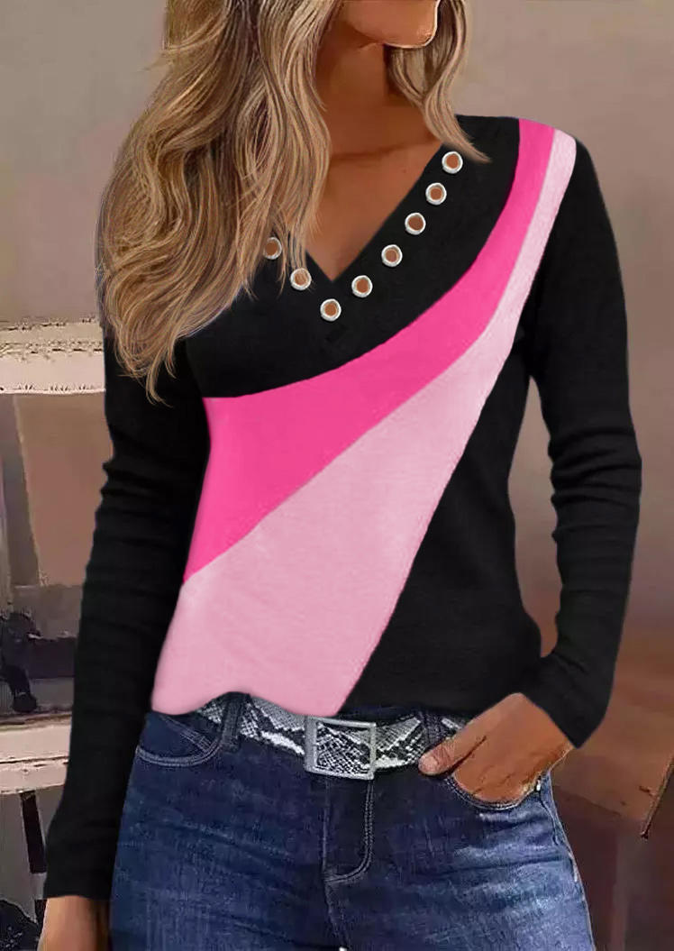 Color Block Eyelet Long Sleeve Blouse