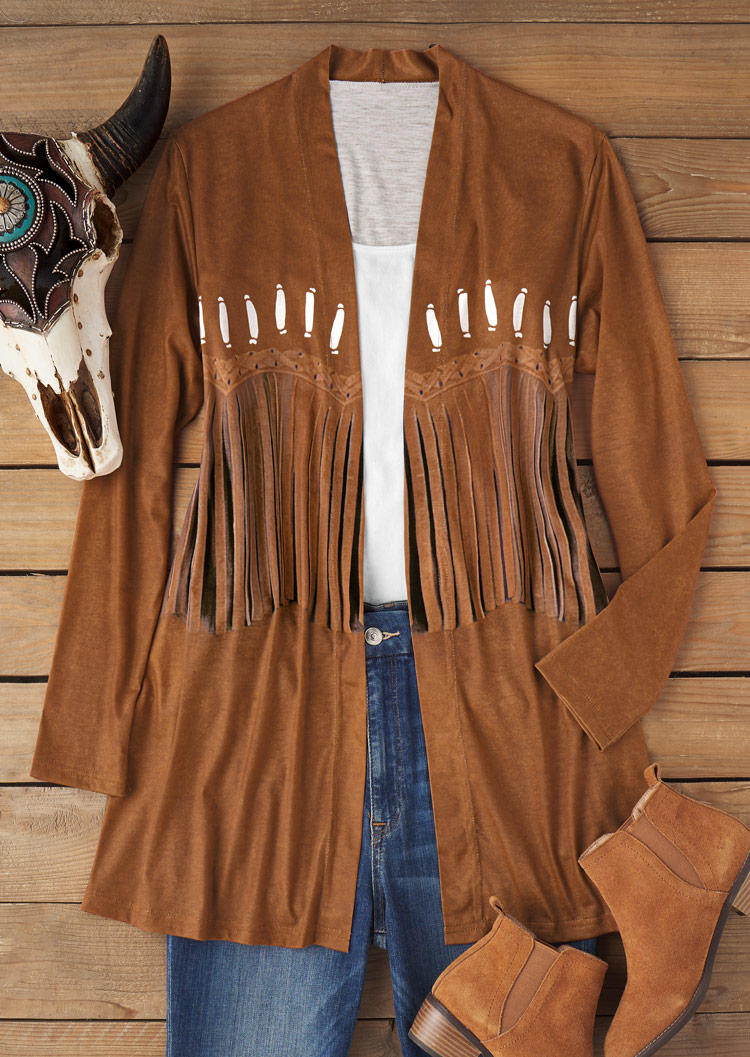 

Cardigans Steer Skull Star Fake Tassel Open Front Cardigan in Brown. Size: L,M,,XL