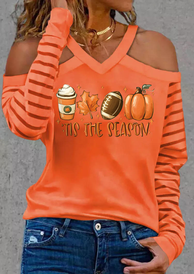 Tis The Season Pumpkin Soccer Maple Leaf Striped Blouse - Orange